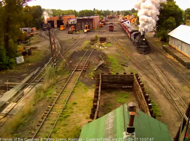 9.7.16 The 487 smokes it up as it comes up to the wood shop and 463 is back simmering quietly.jpg