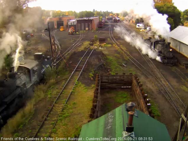 9.21.16 463 is pulling forward toward the coal dock as 484 continues to have its fire cleaned.jpg