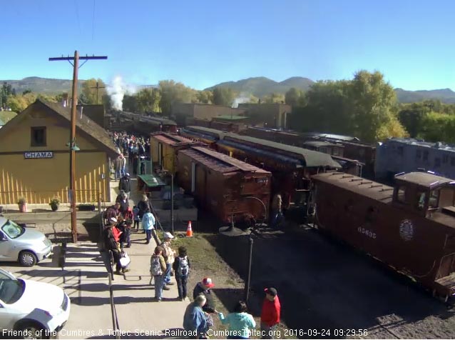 9.24.16 The 11 car 216 has now moved into loading position with the chartered caboose on the rear.jpg