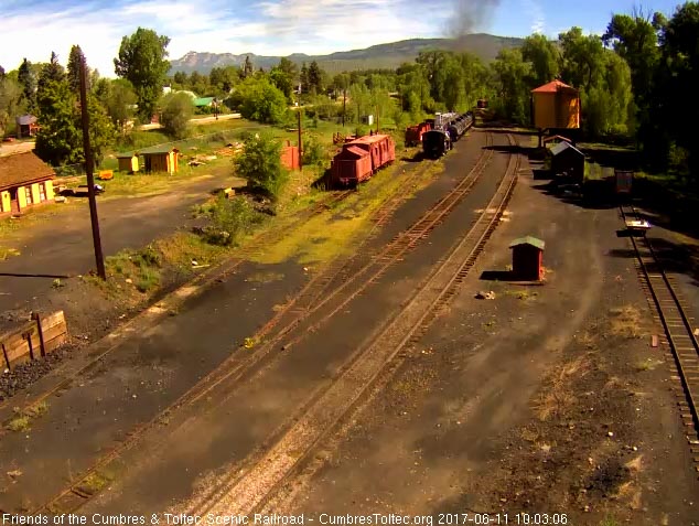 6-11-17 The parlor Colorado is rounding the curve at the north end of Chama.jpg