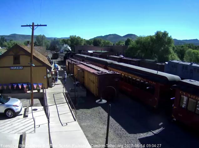 6-14-17 487 has coupled onto the train and the depot is adorned for flag day.jpg