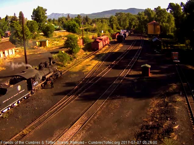 7-7-17 The 463 is at the coal dock as the road crewman who comes early is oiling around.jpg