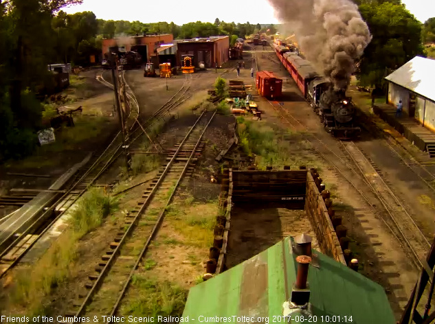 8-20-17 The 488 gets the train moving as it passes the open Friend's wood shop.jpg