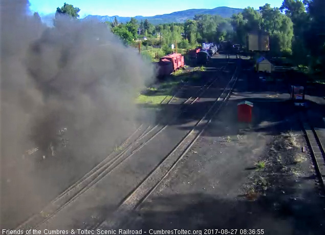 8-27-17 The 315 and its train are exiting north yard as 488 puts out a smoke screen.jpg