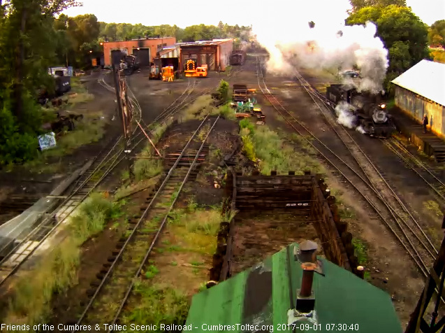 9-1-17 RGS 455, aka D&RGW 463, heads by the wood shop as Frank looks on.jpg