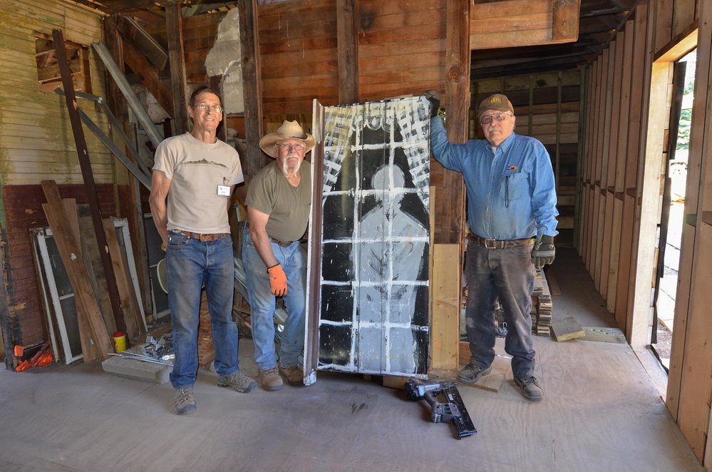 2018-06-28 The crew working on the car inspector's house poses with one of the windows which will grace it.jpg
