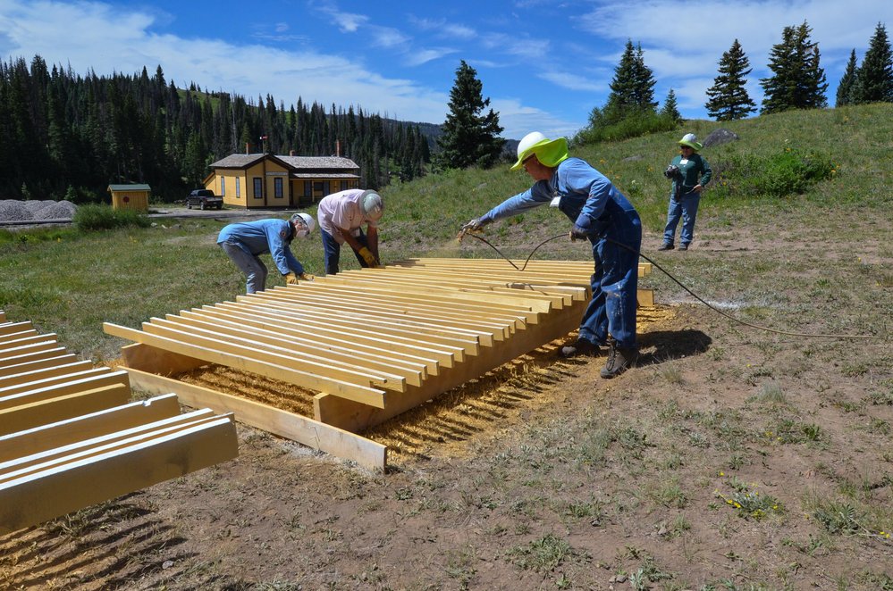 2018-06-29 More painting to get the wood ready with the section house in the background.jpg