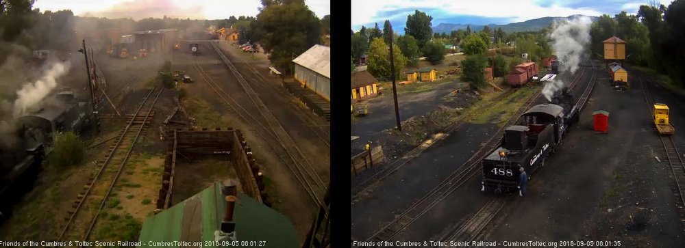 2018-09-04 The 488 backs toward the coal dock lead while 487 has come to the pit to begin its day.jpg
