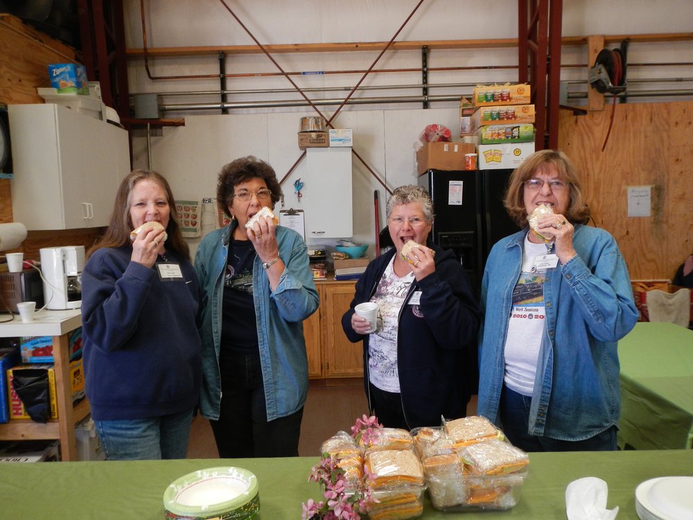 Quality Control patrol in the kitchen!  The crew is taste-testing lunch.  L-R, Mary Lowes, Mary Jane Smith, Patty Hanscom and Linda Duecker..jpg