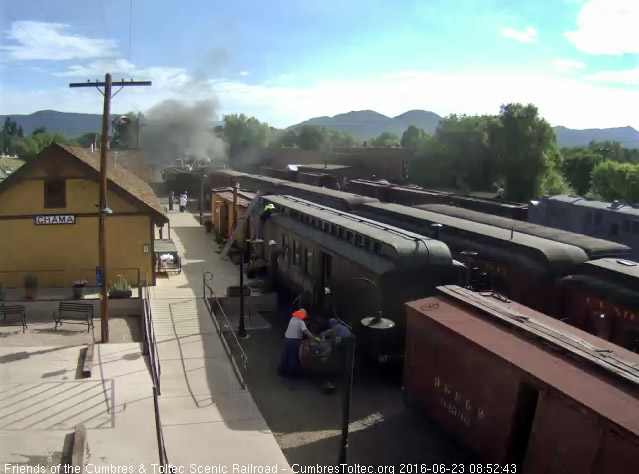 6.23.16 with the 8th car added to today's 216 the train is ready and the Friends are busy at the RPO.jpg