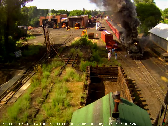 7.3.16 Under a cloud of coal smoke, 484 gets train 216 moving out of Chama.jpg